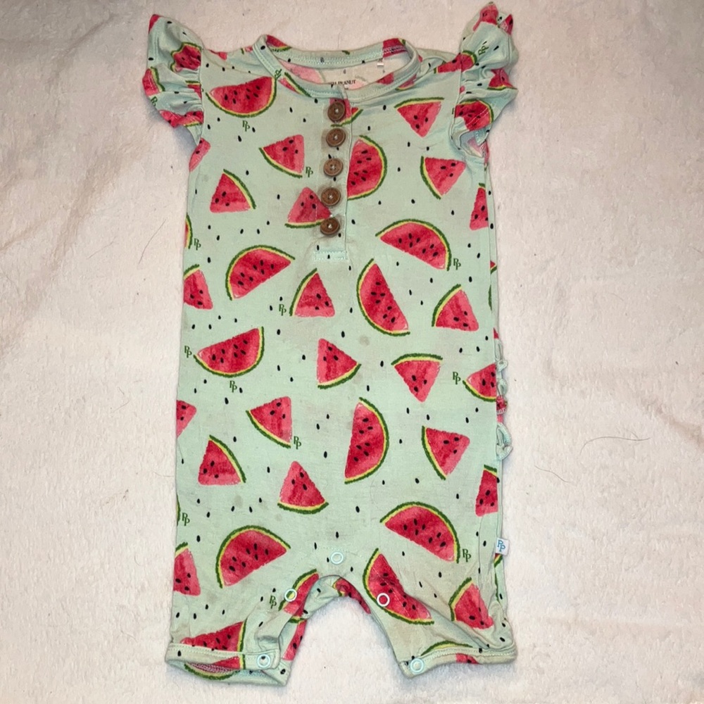 Posh Peanut “Mellony” Flutter Sleeve Ruffled Shortie Romper 9-12 months GUC